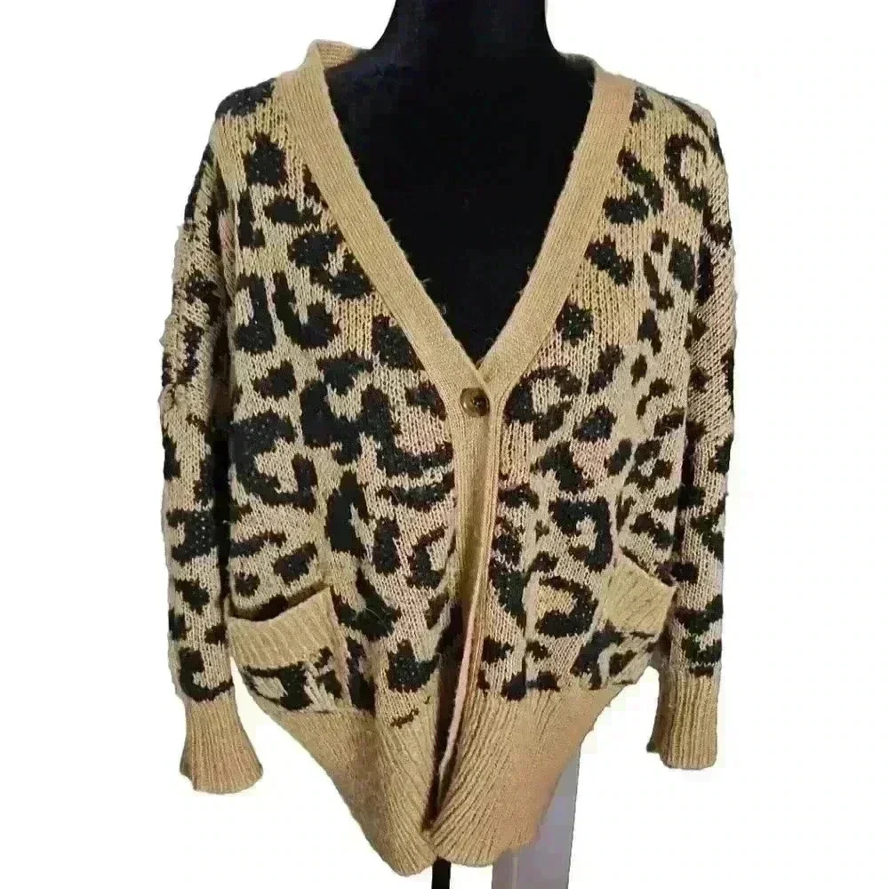 Wildfox Womens Tan Roar Tilly Leopard Print Slouchy Soft Cardigan Sweater S